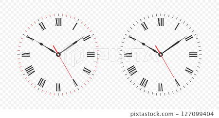 Vector Clock Face Set with Roman Numerals. Vector Clock Face Illustration with Hour, Minute and Second Hands. Isolated Classic Clock Face Design for Time Concept, Education, Decor and Watch Mockup 127099404