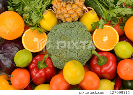 Assorted fresh ripe fruits and vegetables. Assorted fresh ripe fruits and vegetables. 127099515