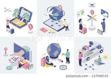 Travelling 3d isometry concept for web design. Collection set with isometric people booking flight tickets online, global tourism, car vacation, summer trip to sea beach resort. Vector illustration. 127099535