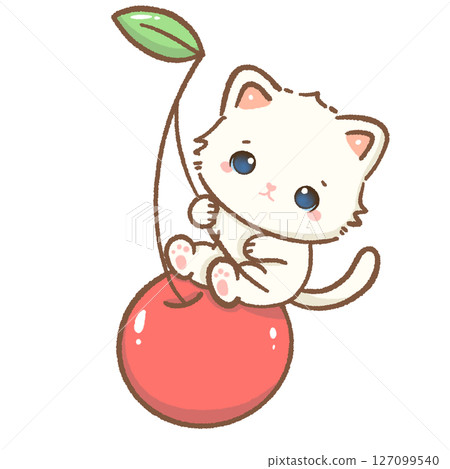 Cute white kitten sitting on a giant cherry, kawaii fruit cat clipart, sweet cartoon animal, cherry lover, adorable baby pet art, kids nursery design, pastel aesthetic, digital sticker 127099540