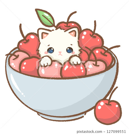 Cute white kitten inside a cherry bowl full of cherries, kawaii fruit cat clipart, sweet cartoon animal, cherry lover, adorable baby pet art, kids nursery design, pastel aesthetic, digital sticker Cute white kitten inside a cherry bowl full of cherries, kawaii fruit cat clipart, sweet cartoon animal, cherry lover, adorable baby pet art, kids nursery design, pastel aesthetic, digital sticker 127099551