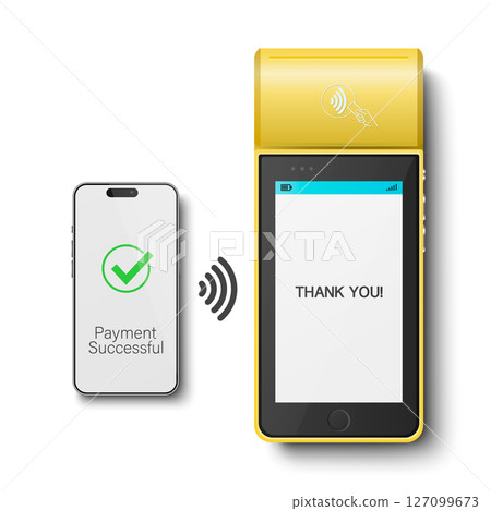 Vector 3D Realistic NFC Payment Terminal and Smartphone Closeup. Approved Payment, Successful Transaction. Payment Machine Design Template, Bank Payment Contactless Terminal 127099673