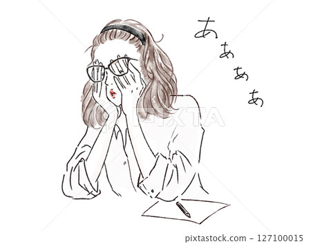 A woman lamenting with her chin in her hands A woman lamenting with her chin in her hands 127100015