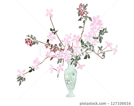 花卉中國水彩櫻花花瓶桃花 花卉中國水彩櫻花花瓶桃花 127100016