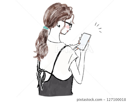A woman holding a smartphone and touching it 127100018