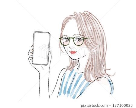 戴眼鏡的女人拿著智慧型手機 127100023