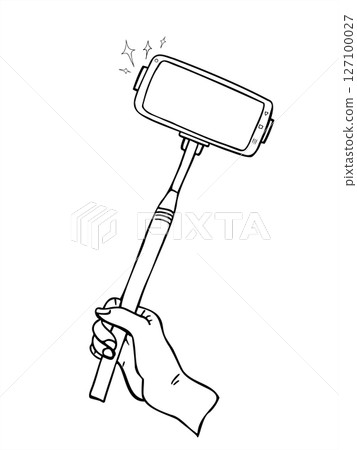 Hand holding selfie stick with smartphone monochrome vector illustration painted by black inks. Mobile phone on monopod line art for social media, travel blogs, event advertising, influencer content. 127100027