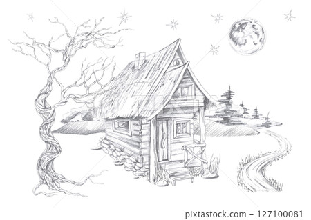 Landscape with a wooden rural house, against the backdrop of a starry sky and a forest. Isolated pencil illustration on the theme of a magical forest for the design of postcards, coloring books. Landscape with a wooden rural house, against the backdrop of a starry sky and a forest. Isolated pencil illustration on the theme of a magical forest for the design of postcards, coloring books. 127100081