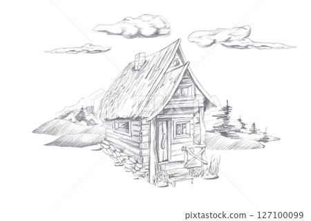 Landscape with wooden farmhouse and hills and forest in the background. Isolated pencil illustration on the theme of a magical forest for the design of postcards, coloring books, poster prints. Landscape with wooden farmhouse and hills and forest in the background. Isolated pencil illustration on the theme of a magical forest for the design of postcards, coloring books, poster prints. 127100099
