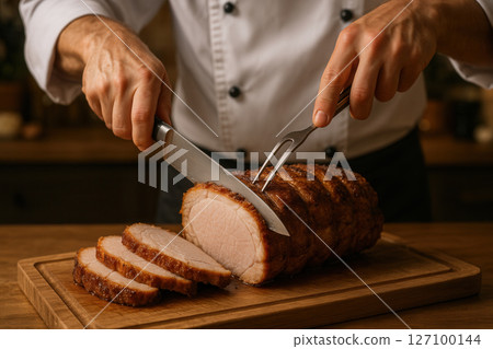 Chef Carving Roasted Pork Loin with Precision on Wooden Board Chef Carving Roasted Pork Loin with Precision on Wooden Board 127100144