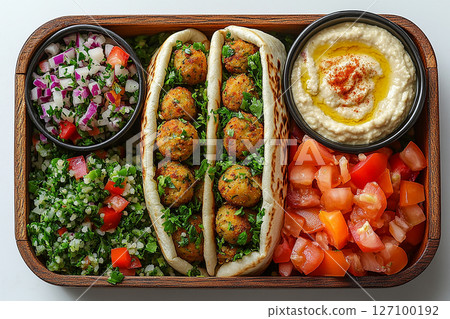 Falafel wrap, tabbouleh salad and hummus dip in a wooden lunch box. Middle Eastern lunch box. Falafel wrap, tabbouleh salad and hummus dip in a wooden lunch box. Middle Eastern lunch box. 127100192
