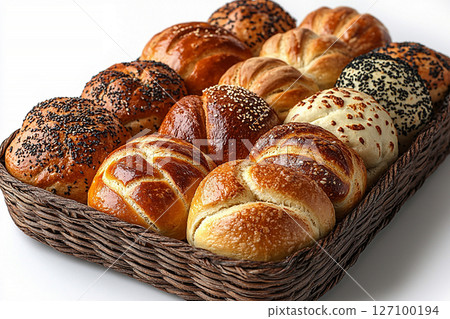Delicious baked bread. Variety of baked buns in on a wooden trading tray on a white background. 127100194