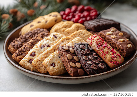 Variety of bakes and cookies in ceramic plate on a white background. 127100195