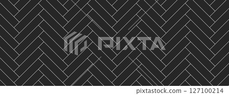 Black herringbone floor with visible white tile lines. Seamless pattern shows repeating texture in modern layout. Geometric surface design for various uses. Vector illustration. Black herringbone floor with visible white tile lines. Seamless pattern shows repeating texture in modern layout. Geometric surface design for various uses. Vector illustration. 127100214