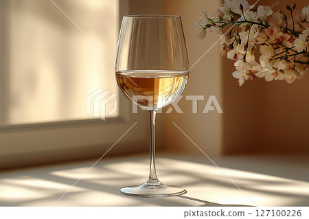 Elegant Wine Glass filled with white wine. 127100226