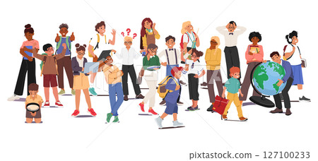 Crowd of smart kids international school students cartoon characters together isolated on white 127100233