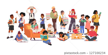 Crowd of bookworms cartoon children characters reading books, learning literature, enjoying hobby 127100234