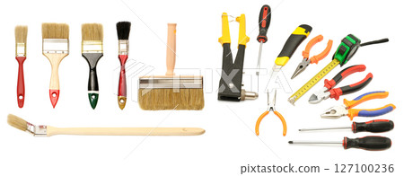 Large collection of various tools for work isolated on white 127100236