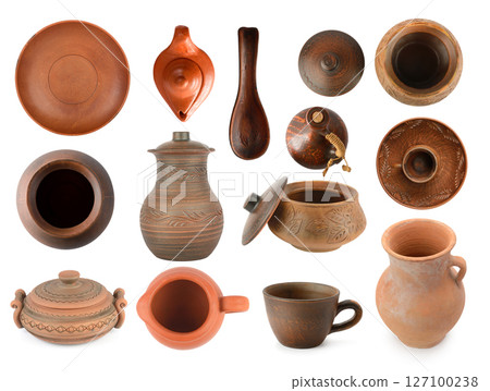 Set of ceramic dishes from different angles isolated on white 127100238