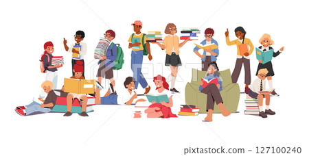 Crowd of happy smart children cartoon student characters with books back to school together 127100240