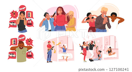 People suffering from noise pollution feeling anxiety and annoyance covering ears cartoon scene People suffering from noise pollution feeling anxiety and annoyance covering ears cartoon scene 127100241