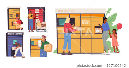People characters using self service delivery post and public parcel lockers isolated scene set 127100242
