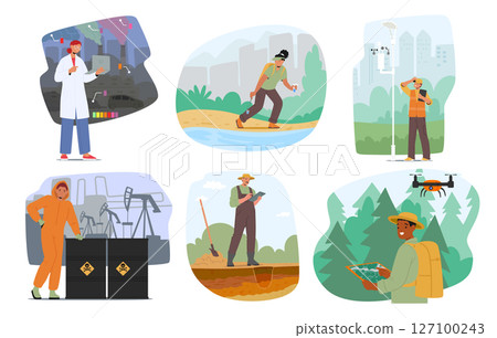 Ecologist and researcher scientist characters caring for nature environment cartoon scene set 127100243