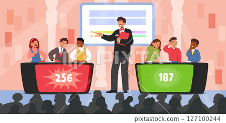 Children taking part in quiz game show answering question and solving objectives vector illustration Children taking part in quiz game show answering question and solving objectives vector illustration 127100244
