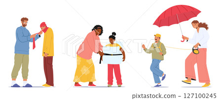 Parent problem of overprotection, excessive attention to children isolated set on white background Parent problem of overprotection, excessive attention to children isolated set on white background 127100245