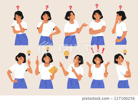 Puzzled pensively thinking and brainstorming woman emotional expression isolated portraits set 127100256