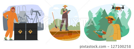 Ecologist characters analyzing toxic waste level in ground and in nature cartoon scene set Ecologist characters analyzing toxic waste level in ground and in nature cartoon scene set 127100258