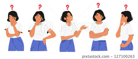 Emotional woman cartoon character puzzled facial expression suffering from annoyance, frustration 127100263