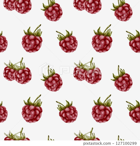 Delicate watercolor pattern featuring vibrant red raspberries on a seamless white background 127100299