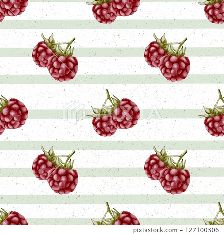 Pattern of raspberries on green and white striped background for textile design 127100306