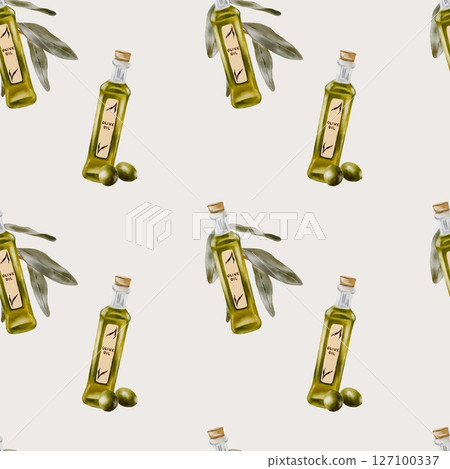 Watercolor pattern design featuring olive oil bottles and olives on a white background Watercolor pattern design featuring olive oil bottles and olives on a white background 127100337