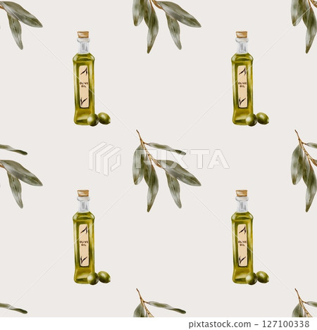 Olive oil and leaf pattern design featuring a seamless watercolor print on a light background 127100338