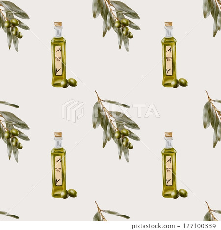 Olive oil bottle and olive branch watercolor pattern design for textile and packaging 127100339
