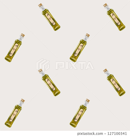 Elegant watercolor pattern featuring olive oil bottles on a light background for textile design 127100341