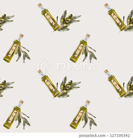 Olive oil bottle and olive branch watercolor pattern for textile design and packaging Olive oil bottle and olive branch watercolor pattern for textile design and packaging 127100342
