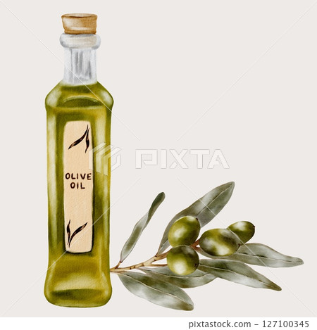 Elegant watercolor pattern featuring olive oil bottle and olive branch for textile design Elegant watercolor pattern featuring olive oil bottle and olive branch for textile design 127100345