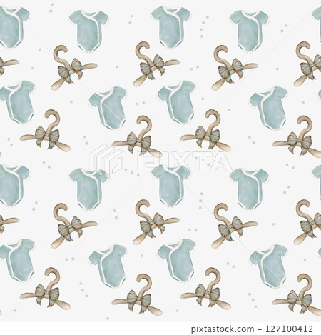 Delightful seamless pattern featuring blue baby accessories for nursery decor Delightful seamless pattern featuring blue baby accessories for nursery decor 127100412