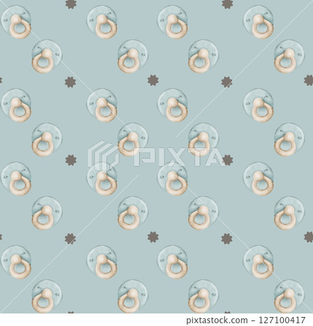 Seamless pattern of blue baby accessories including pacifiers on a soft background 127100417