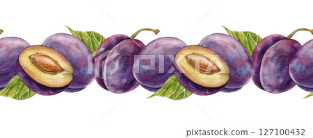 Horizontal seamless border with watercolor plums and green leaves isolated on a white background. A template with a watercolor illustration of sweet ripe fruits. Banner for menu design, recipes and Horizontal seamless border with watercolor plums and green leaves isolated on a white background. A template with a watercolor illustration of sweet ripe fruits. Banner for menu design, recipes and 127100432