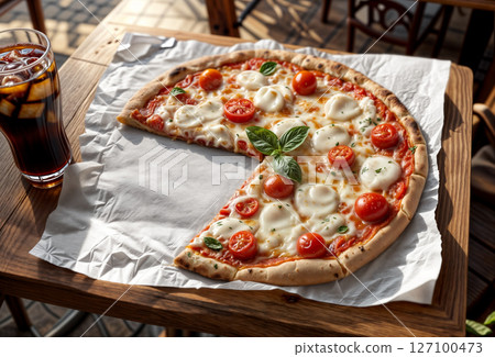 Blank white crumpled baking paper with pizza, ai generated 127100473