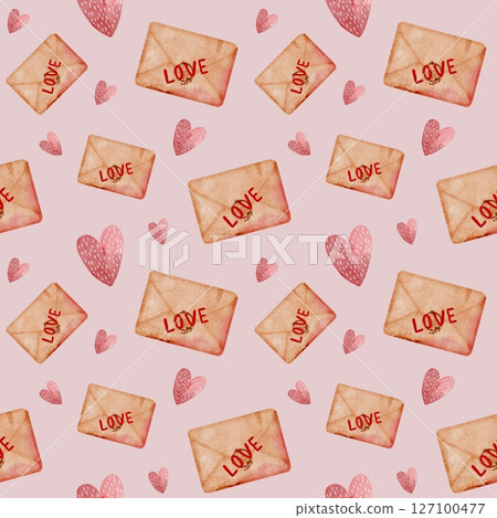 Valentine's Day watercolor pattern featuring hearts and love letters in soft pastel colors Valentine's Day watercolor pattern featuring hearts and love letters in soft pastel colors 127100477