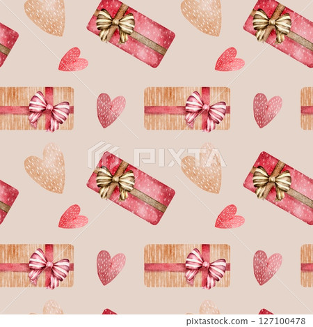 Romantic watercolor pattern featuring hearts and gifts for Valentine's Day celebrations Romantic watercolor pattern featuring hearts and gifts for Valentine's Day celebrations 127100478