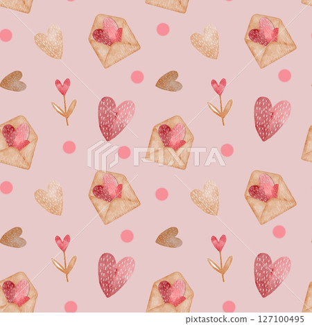Romantic watercolor Valentine's Day pattern featuring hearts and love letters on a pink backdrop 127100495