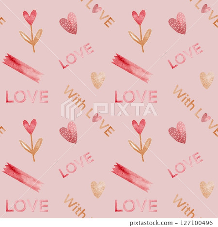 Romantic watercolor pattern celebrating love for Valentine's Day with hearts and floral designs 127100496