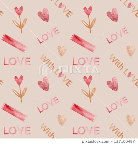 Romantic watercolor pattern featuring hearts and flowers for Valentine's Day textile design 127100497