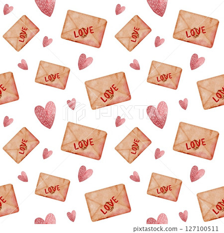 Romantic watercolor pattern featuring hearts and love letters for Valentine's Day Romantic watercolor pattern featuring hearts and love letters for Valentine's Day 127100511